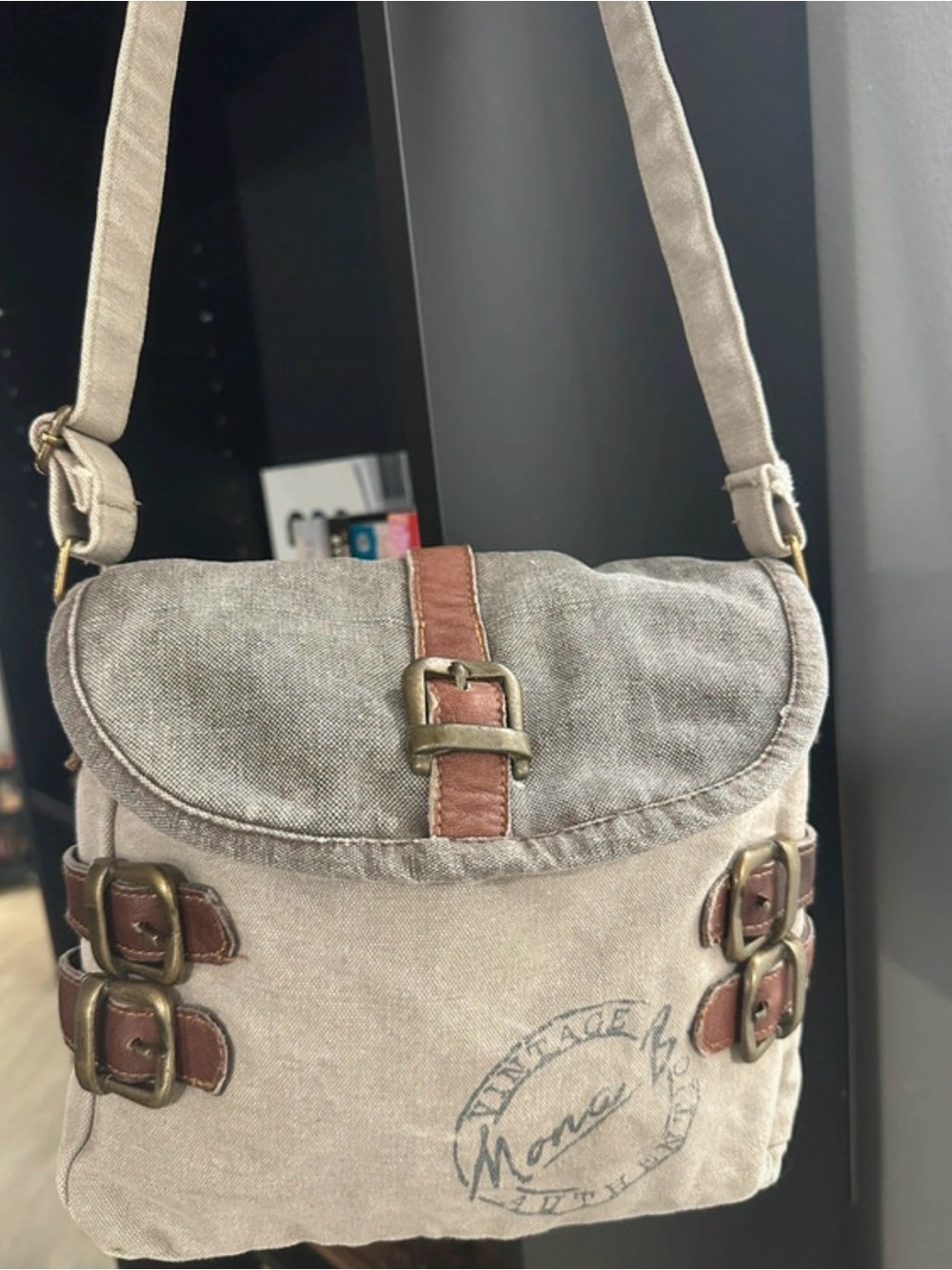 Mona B Beige Canvas Messenger Bag with Brown Trim